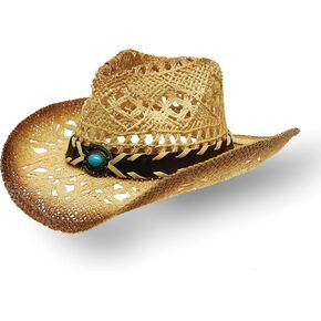 Western Straw Cowboy and Cowgirl Hats with Decorative Bands - Unisex Wide Brim Raffia Style Sun Hat