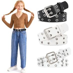 WERFORU 3 Pack Kids Double Grommet Belts With Holes for Girls Boys PU Leather Two Row Grommet pants Belt for Jeans Dress (black+white+clear, Suit for pants size below 28 Inches)