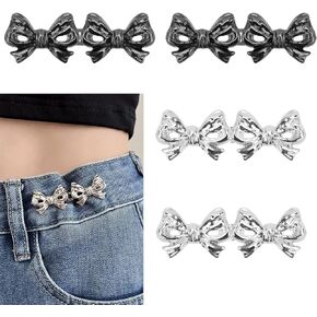 4 Pairs Bow Jeans Button Pins, Detachable Pant Waist Tightener Adjustable Waist Buckle Tighten Waist Buttons No Sew Pants Waist Adjuster Clips for Loose Jeans Pants (Silver, Black)