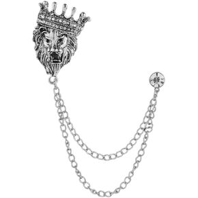 Vintage Animal Tassel Chain Pin Brooch for Men Women Punk Buck Suit Tie Lapel Pin Crown Lion Rhinestone Collar Chain Pin for Boyfriend Gifts