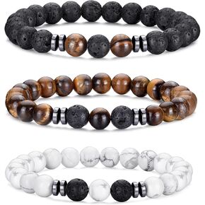 BMMYE 2-4Pcs Mens Beaded Bracelets 8mm Strech Bead Bracelet for Men Natural Stone Lava Rock Tiger Eye Obsidian Bracelets for Men Mens Jewlery Bracelet Gift