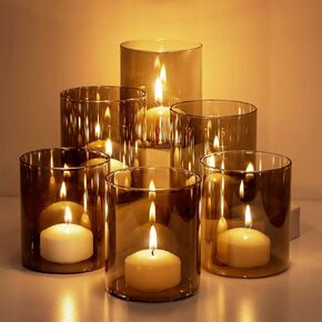 Hewory Glass Hurricane Candle Holder: Set of 6 Gray Glass Candle Holders for Pillar Candles Floating Candles, 4 inch Glass Cylinder Hurricane Vases for Centerpieces Wedding Christmas Home Decor