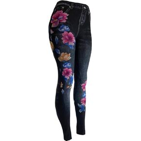CLOYA Women's Denim Print Seamless Full Leggings for All Seasons - One Size Fits Large & X-Large