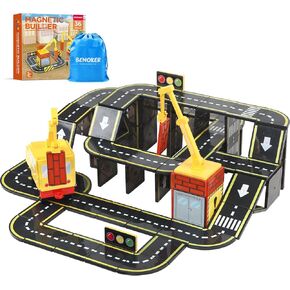 Magnetic Tiles Road Set with 2 Magnet Crane Car Toys,Boys Toys for Ages 3-5 5-7 8-10 Building Toys Includes Crane, Road Tracks,Dolls, Car Toy, Traffic Lights