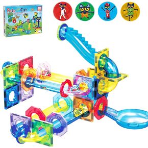 PicassoTiles 62 Piece Magnetic Marble Run Pete The Cat Marble Maze Marbles for Kids Race Track Toy Set Sensory Toys for Toddlers STEM Education Magnet Building Blocks Construction Tiles Boys Girls 3+