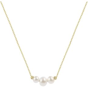14K Solid Gold Triple Pearl Necklace,Freshwater Dainty Pearl Necklace, Pearl Chain Necklace, 18"