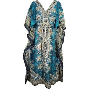 Floral Print Long Caftan Tunic Dress Nightdress Beach Dress Maxi Kaftan Nightwear Plus Size Cover Up Dresses For Women (Teal)