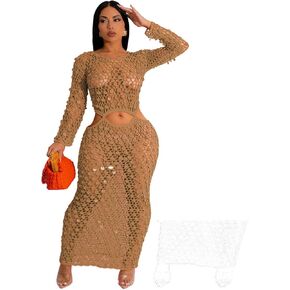 Purubylley Women Sexy Long Sleeve Sequin Crochet Maxi Dress Beach Cover Ups Hollow Out Swimwear Bikini Cover Up Dress