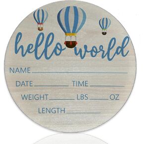 Baby Announcement Sign for Newborn Boys or Girls, Hello World Newborn Sign, Nursery Wall Decor, Baby Name Sign, Hot Air Balloon Theme Birch Wood 6 inch Circle Board Birth Stat Sign