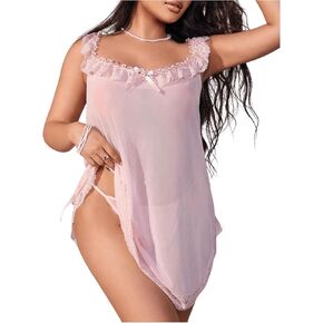 OYOANGLE Women's Plus Size Lace Sheer Chemise Nightgown and Thongs 2 Piece Lace Babydoll Lingerie Set