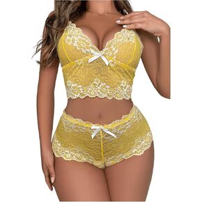 Verdusa Women's 2 Piece Lingerie Floral Lace Scallop Trim Bralette and High Waist Boyshorts