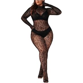 Floerns Women's Plus Size Leopard Print Long Sleeve Mesh Sheer Backless Lingerie Bodysuit