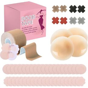 53 PCS Boob Tape Kit -1 Body Tape, 4 PCS Silicone Breast Petals,8 pcs cross nipple covers pasties, 40 PCS Satin Nipple Stickers,Suitable for A-G Beige