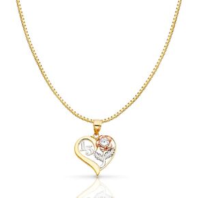14K Tri Color Gold Sweet 15 Years Quinceanera Heart Charm Pendant with 0.8mm Box Chain Necklace