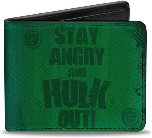 محفظة Buckle-Down للرجال من البولي يوريثان ثنائية الطي - شعار Stay Angry Hulk + نصف وجه أخضر، متعددة الألوان، 4.0 بوصة × 3.5 بوصة in Saudi Arabia