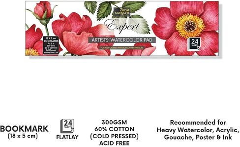 Zen Sangam A3 Artists' Expert Watercolor 300GSM 60% Cotton Cold Pressed Glued Sketch Paper Pad - 12 Sheets (24 Pages) - Watercolor Paper - Watercolour Book (Landscape A3) in Kuwait
