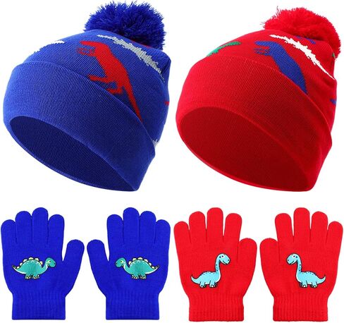 2 Sets Winter Hat Gloves Set Kids Warm Hat with Gloves Pom Pom Knit Winter Soft Dinosaur Hats for Girl Outdoor Boy in Kuwait