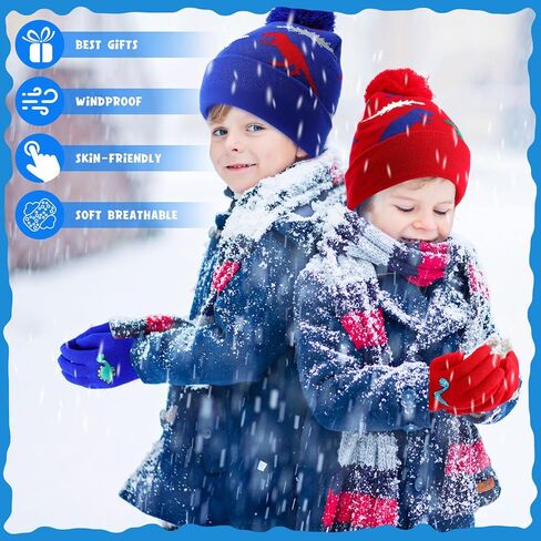 2 Sets Winter Hat Gloves Set Kids Warm Hat with Gloves Pom Pom Knit Winter Soft Dinosaur Hats for Girl Outdoor Boy in Kuwait