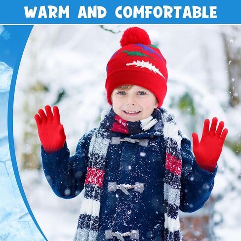 2 Sets Winter Hat Gloves Set Kids Warm Hat with Gloves Pom Pom Knit Winter Soft Dinosaur Hats for Girl Outdoor Boy in Kuwait