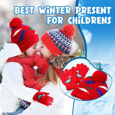 2 Sets Winter Hat Gloves Set Kids Warm Hat with Gloves Pom Pom Knit Winter Soft Dinosaur Hats for Girl Outdoor Boy in Kuwait
