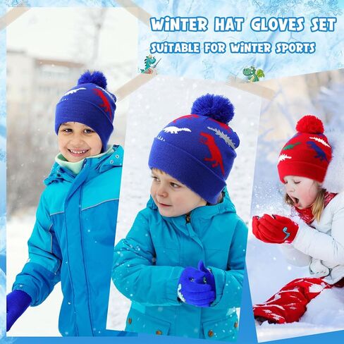 2 Sets Winter Hat Gloves Set Kids Warm Hat with Gloves Pom Pom Knit Winter Soft Dinosaur Hats for Girl Outdoor Boy in Kuwait