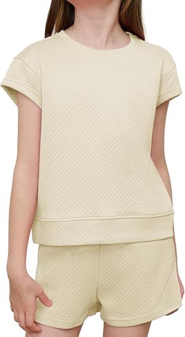 Girls 2 Piece Outfits Short Sleeve Shirt and Drawstring Shorts Summer Clothing Sets in Saudi Arabia