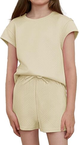 Girls 2 Piece Outfits Short Sleeve Shirt and Drawstring Shorts Summer Clothing Sets in Saudi Arabia