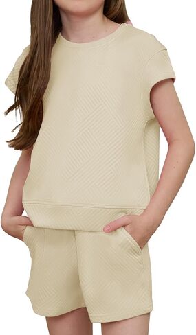 Girls 2 Piece Outfits Short Sleeve Shirt and Drawstring Shorts Summer Clothing Sets in Saudi Arabia