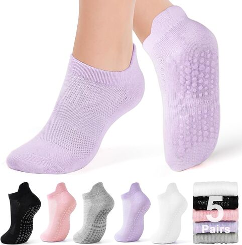 HONGTEYA 5 Pairs Pilates Socks with Grips for Women, Yoga Scoks Non-slip for Athletic Ballet Dance Grippy Ankle Socks in Kuwait