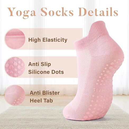 HONGTEYA 5 Pairs Pilates Socks with Grips for Women, Yoga Scoks Non-slip for Athletic Ballet Dance Grippy Ankle Socks in Kuwait