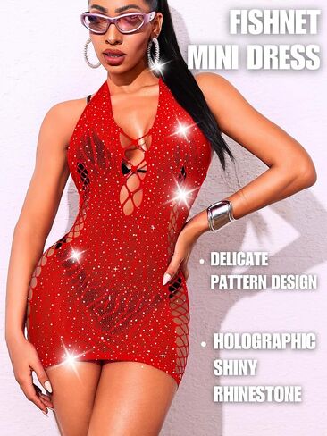 Women Sexy Rhinestone Exotic Dancewear, Club Rave Outfits Sheer Fishnet Bodysuit, Halter Backless Mini Coverup Dress in Kuwait