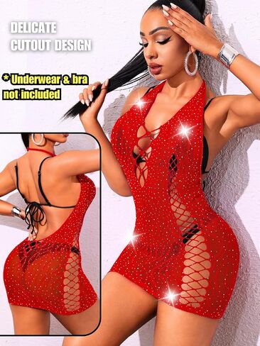 Women Sexy Rhinestone Exotic Dancewear, Club Rave Outfits Sheer Fishnet Bodysuit, Halter Backless Mini Coverup Dress in Kuwait