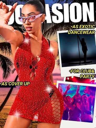 Women Sexy Rhinestone Exotic Dancewear, Club Rave Outfits Sheer Fishnet Bodysuit, Halter Backless Mini Coverup Dress in Kuwait