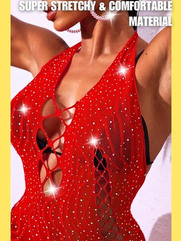 Women Sexy Rhinestone Exotic Dancewear, Club Rave Outfits Sheer Fishnet Bodysuit, Halter Backless Mini Coverup Dress in Kuwait