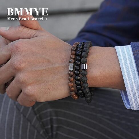 BMMYE 2-4 قطع أساور رجالي مطرزة 8 مم سوار خرز ممتد للرجال من الحجر الطبيعي لافا روك عين النمر أساور سبج للرجال سوار مجوهرات هدية in Saudi Arabia