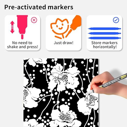 3 أقلام طلاء أكريليك سوداء من NAWOD، أقلام طلاء أكريليك ذات طرف مزدوج (طرف منقطة + طرف فرشاة)، أقلام تحديد أكريليك دائمة للصخور والنسيج والقماش والسيراميك والزجاج والخشب والورق ووضع العلامات والرسم والحرف اليدوية in Kuwait