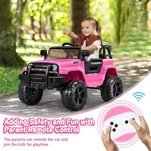 JOYMOR Ride on Truck with Remote Control, 4 Wheels 12V Battery Powered Kids Car, with LED Headlight/Horn Button/ MP3 Player/USB Port/Forward Backward/Kids Girl Boy (Pink) in Kuwait