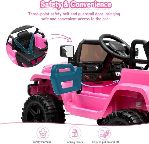 JOYMOR Ride on Truck with Remote Control, 4 Wheels 12V Battery Powered Kids Car, with LED Headlight/Horn Button/ MP3 Player/USB Port/Forward Backward/Kids Girl Boy (Pink) in Kuwait