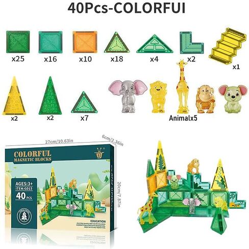 3D Magnetic Building Blocks Toy Set 40/90/120 PCS Forest Transparent Geometric Shapes in 5 Different Animals for Kids, Toddlers, Boys and Girls (3+ Years Old) in Saudi Arabia