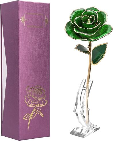 Ejoyous Forever Green Rose, 24K Gold Dipped Real Artificial Flower, Eternal Rose with Leaf and Base Craft, Forever Preserved Rose for Birthday, Mothers and Valentines Day in Saudi Arabia