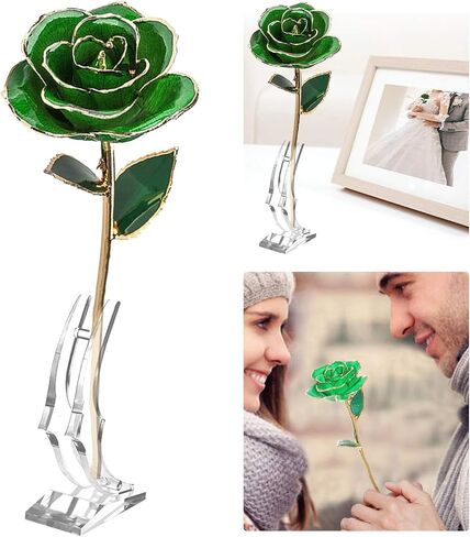 Ejoyous Forever Green Rose, 24K Gold Dipped Real Artificial Flower, Eternal Rose with Leaf and Base Craft, Forever Preserved Rose for Birthday, Mothers and Valentines Day in Saudi Arabia