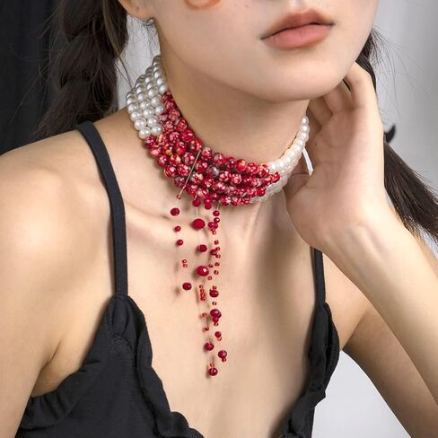 قلادة اللؤلؤ الدموي للنساء قلادة لؤلؤ الدم الطبقات قلادة مصاص الدماء الدموي قلادة قطرة الدم إكسسوارات أزياء الهالوين in Kuwait