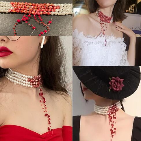 قلادة اللؤلؤ الدموي للنساء قلادة لؤلؤ الدم الطبقات قلادة مصاص الدماء الدموي قلادة قطرة الدم إكسسوارات أزياء الهالوين in Kuwait