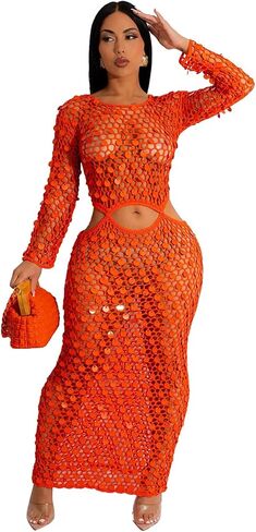 Purubylley Women Sexy Long Sleeve Sequin Crochet Maxi Dress Beach Cover Ups Hollow Out Swimwear Bikini Cover Up Dress in Saudi Arabia