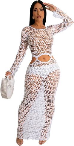 Purubylley Women Sexy Long Sleeve Sequin Crochet Maxi Dress Beach Cover Ups Hollow Out Swimwear Bikini Cover Up Dress in Saudi Arabia