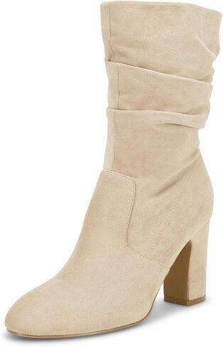 Coutgo Women's Mid Calf Slouchy Boots Suede High Heel Zip Stacked Chunky Block Round Toe Booties in Kuwait