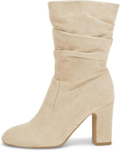 Coutgo Women's Mid Calf Slouchy Boots Suede High Heel Zip Stacked Chunky Block Round Toe Booties in Kuwait