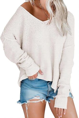 Women’s Off Shoulder Knit Sweaters Oversized V Neck Long Sleeve Loose Lightweight Pullover Tops in Kuwait