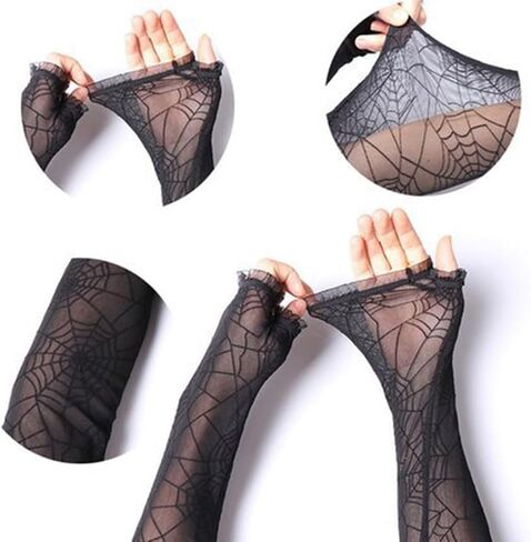 Ursumy Long Black Opera Gloves Halloween Gloves Fingerless Elegant Lace Gloves Evening Gloves for Women (Black Flowers) in Saudi Arabia