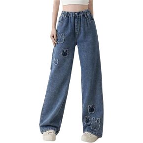 Girl's Animal Pattern Elastic High Waist Jeans Straight Leg Loose Denim Pants